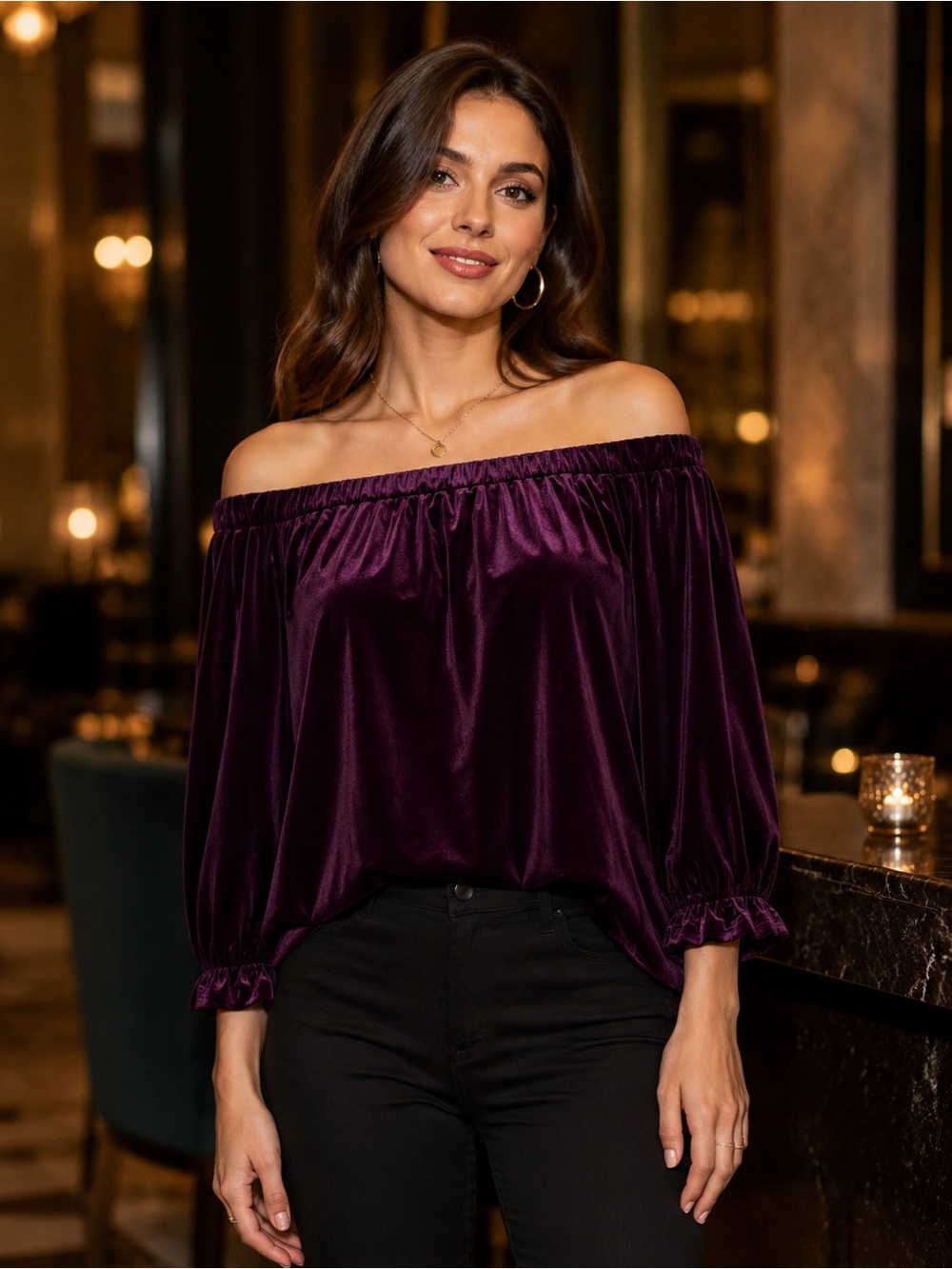 LIKELY Pacific Purple Velvet Off Shoulder Ruffle Sleeve Blouse Large